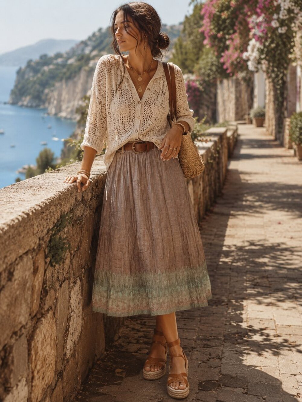 Free People Style Boho Crinkle Maxi Skirt | Coastal Cottagecore Neutral Midi Ski - Picture 1 of 8